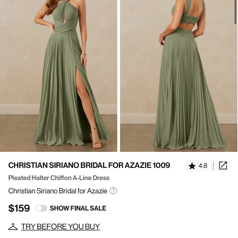 Azazie Olive Green Pleated Halter Wedding Dress - Picture 8 of 10